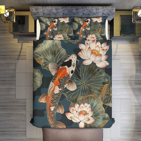 Koi Fish Vintage Japanese Quilt Cover Set Fashionable Printed Bedding Covers with Pillowcase Home Textiles, Full (79"x91")
