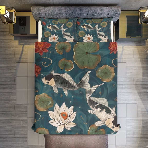 Koi Fish Vintage Japanese Quilt Cover Set Fashionable Printed Bedding Covers with Pillowcase Home Textiles, Full (79"x91")