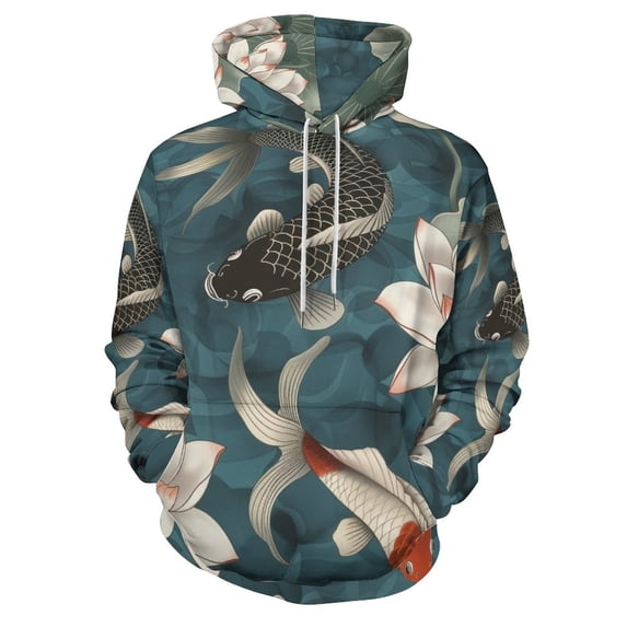 Koi Fish Vintage Japanese Regular Fit Hoodie, Sporty Pullover Hooded Sweatshirt for Men Women L