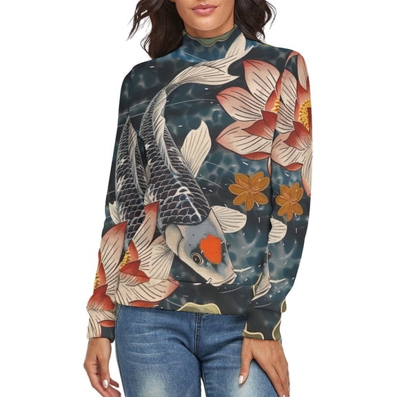 Koi Fish Vintage Japanese Women's Turtleneck Sweater Long Sleeve Ribbed Fitted Turtle Neck Casual Fall Winter Collection Top XL