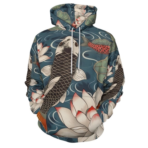 Koi Fish Vintage Lotus Regular Fit Hoodie, Sporty Pullover Hooded Sweatshirt for Men Women XL