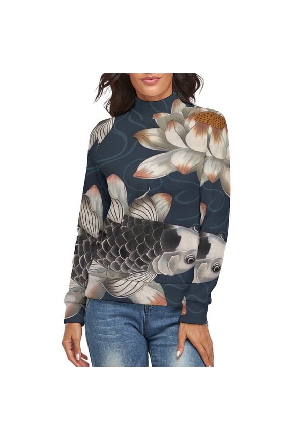 Koi Fish Vintage Women's Turtleneck Sweater Long Sleeve Ribbed Fitted Turtle Neck Casual Fall Winter Collection Top 2XL