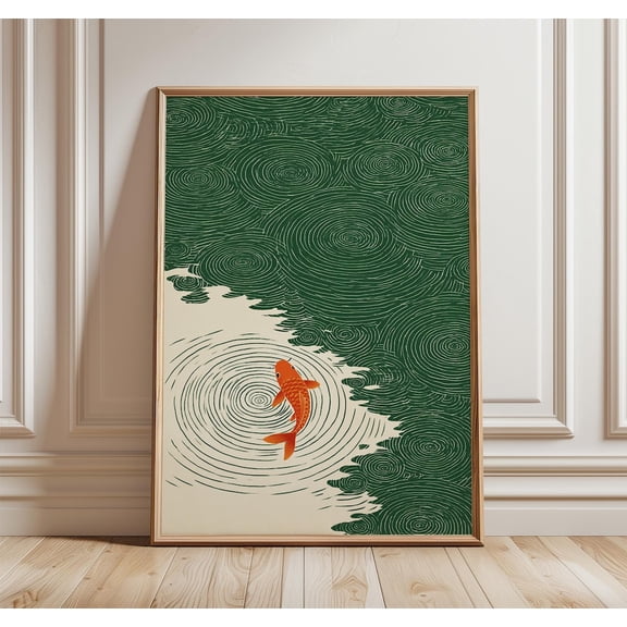 Koi Fish Wall Art, Japanese Ripple Illustration, Unframed Paper Poster 8x10in