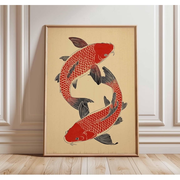 Koi Fish Wall Art Japanese Tattoo Style Print Zen Home Decor Yin Yang Fish Poster Red Blac