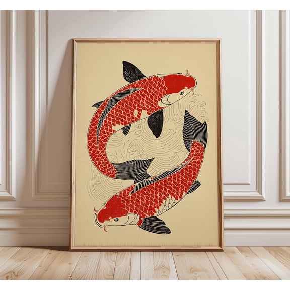 Koi Fish Wall Art Japanese Tattoo Style Print Zen Home Decor Yin Yang Fish Poster Red Blac