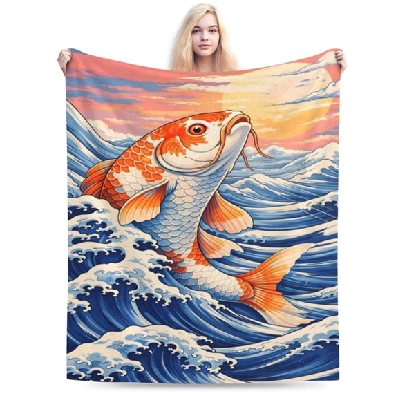 Koi Fish Waves Blanket Japanese Ocean Blanket Soft Cozy Blanket for Couch Bed Summer Beach Gift Decor 50x40