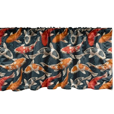 Koi Fish Window Valance, Japanese Carp Peaceful Colorful Bold on Nautical Bubbles Backdrop, Curtain Valance for Kitchen Bedroom with Rod Pocket, 54" X 18", Dark Petrol Blue and Orange, by Ambesonne