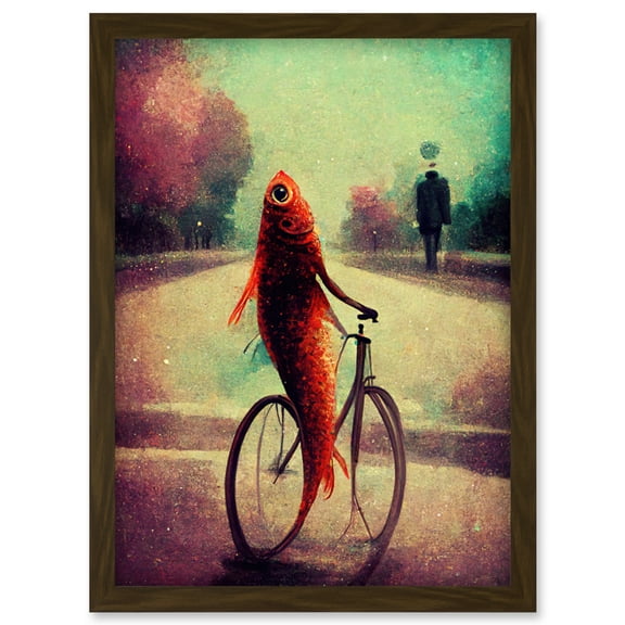Koi Fish With Bicycle Surrealism Purple Teal Park Dream Artwork Framed Wall Art Print A4