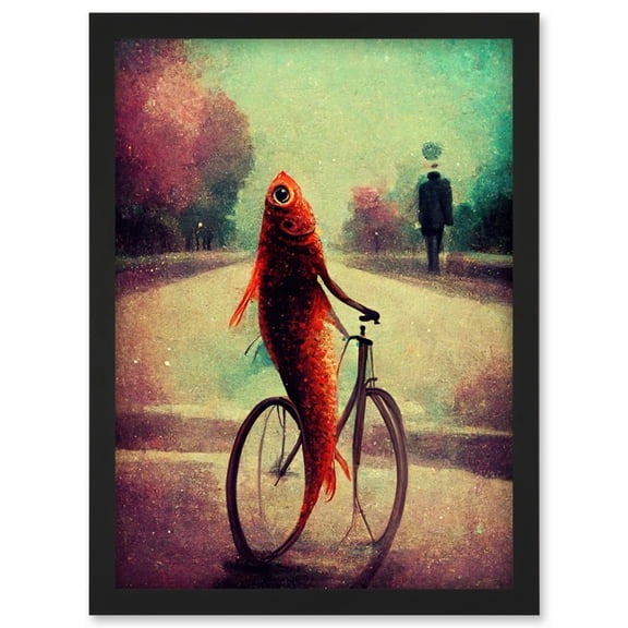 Koi Fish With Bicycle Surrealism Purple Teal Park Dream Artwork Framed Wall Art Print A4