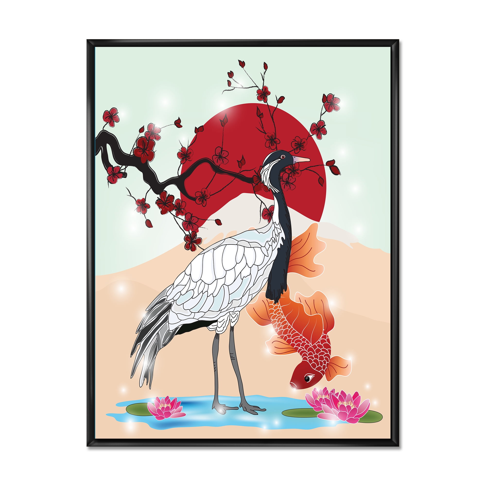 Koi Fish With Crane Bird 24 in x 32 in Framed Painting Canvas Art Print, by Designart
