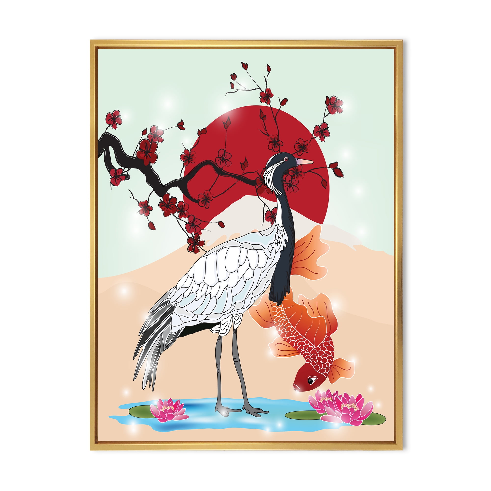 Koi Fish With Crane Bird 24" x 32" Framed Painting Canvas Art Print, by Designart