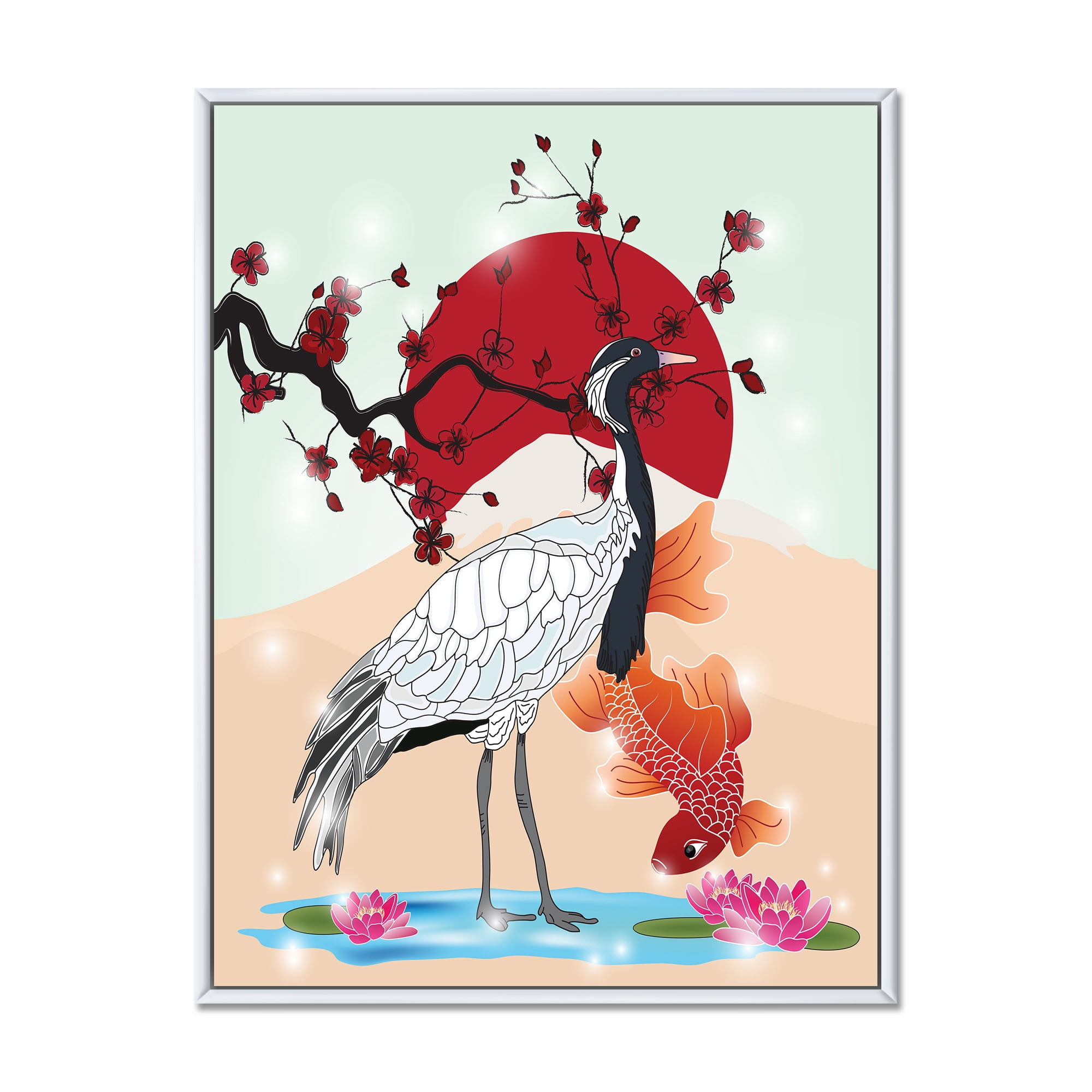 Koi Fish With Crane Bird 30 in x 40 in Framed Painting Canvas Art Print, by Designart