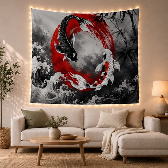 Koi Fish Yin-Yang Circle with Waves and Bamboo, Serene Japanese Inspired for Home Decor Enthusiasts, Traditional Ink Wash Art, Birthday Gift Tapestry Wall Hanging for Bedroom and Living Room