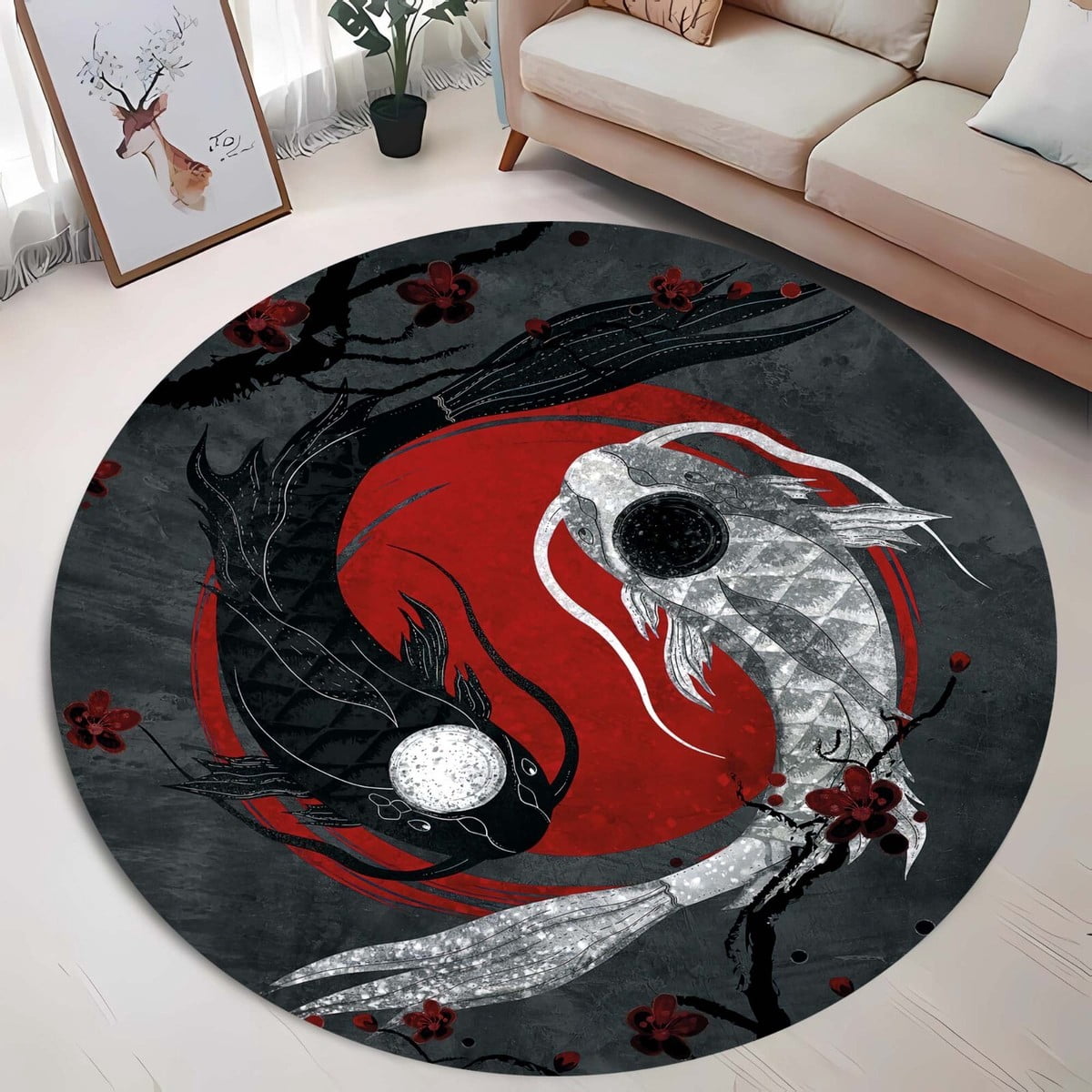 Koi Fish Yin Yang Round Rug Japanese Zen Decor - Walmart.com