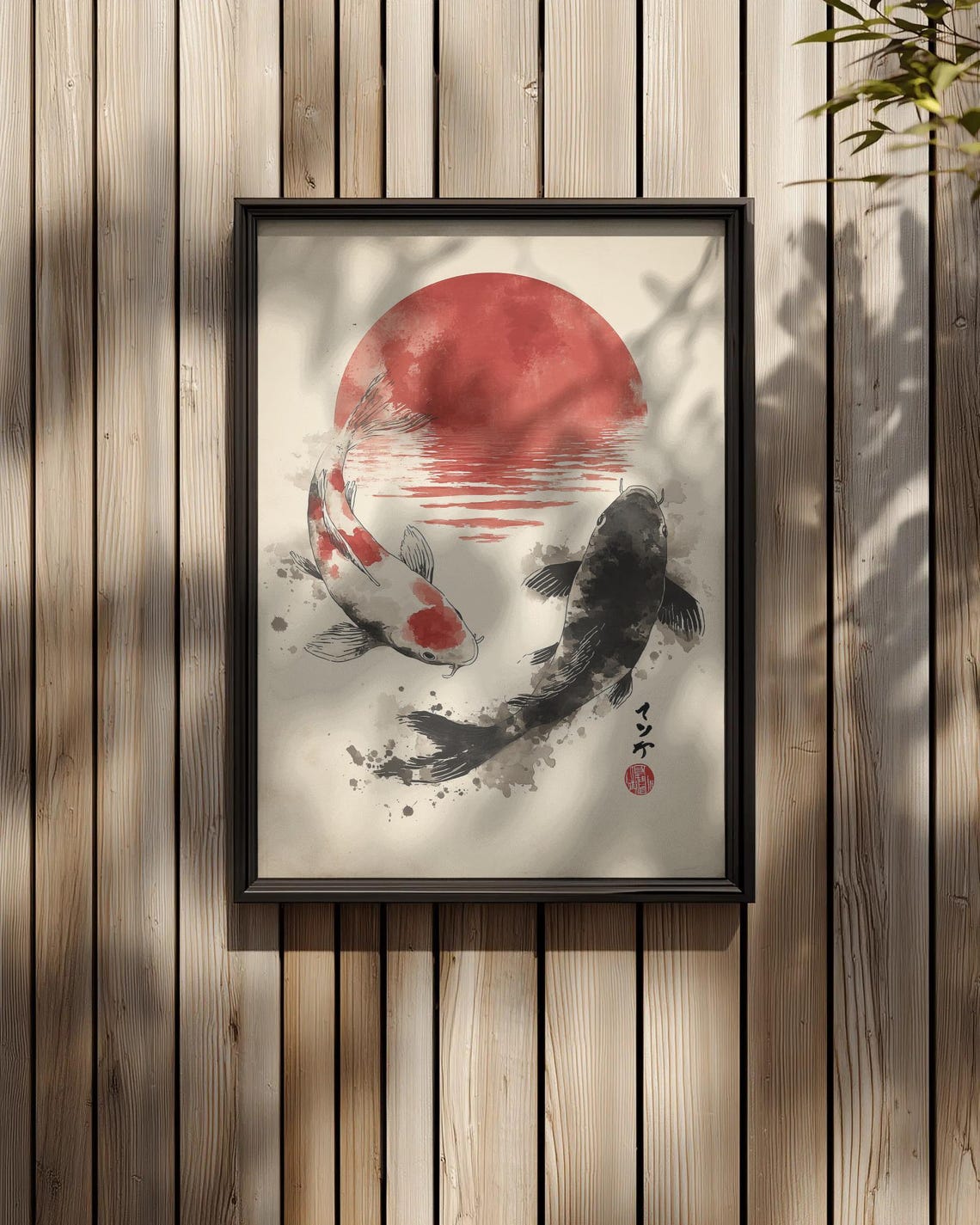 Koi Fish Yin Yang Wall Art, Japanese Red Sun Ink, Zen Minimalist Decor ...