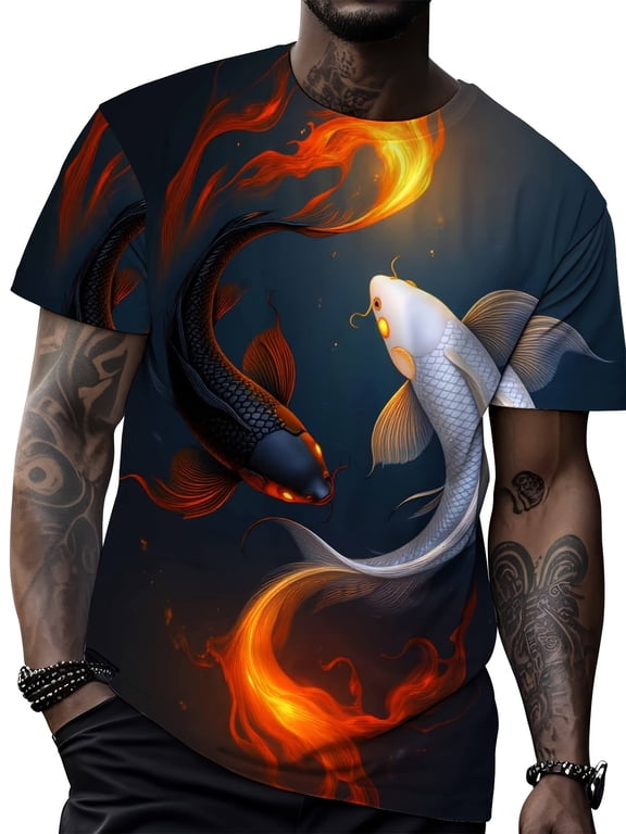 Koi Fish Yin-yang Pattern Flame Texture T-shirt Men's Short-sleeve Printed T-shirt Artistic Print Casual Fashion Top
