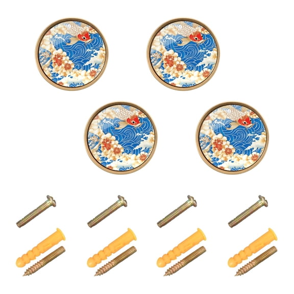 Koi Fish and Flowers Cabinet Furniture Knobs Drawer Metal Pulls 1.26in Acrylic Zinc Alloy Dual Screw Set
