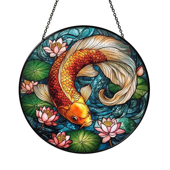 Koi Fish and Lotus Stained Glass Art Panel – Decorative Window Hanging Accent