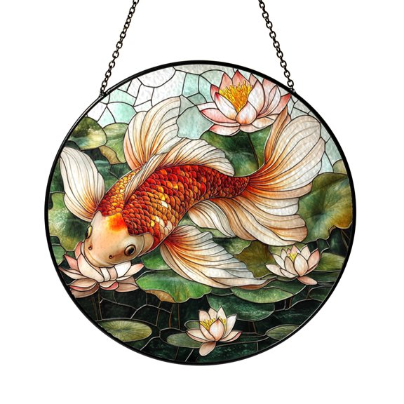 Koi Fish and Lotus Stained Glass Art Panel, Peaceful Aquatic Floral Window Decor for Tranquil Spaces