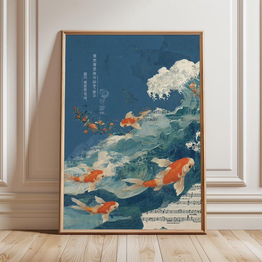 Koi Fish and Waves Art Print Japanese Ocean Poster Blue Water Collage ...