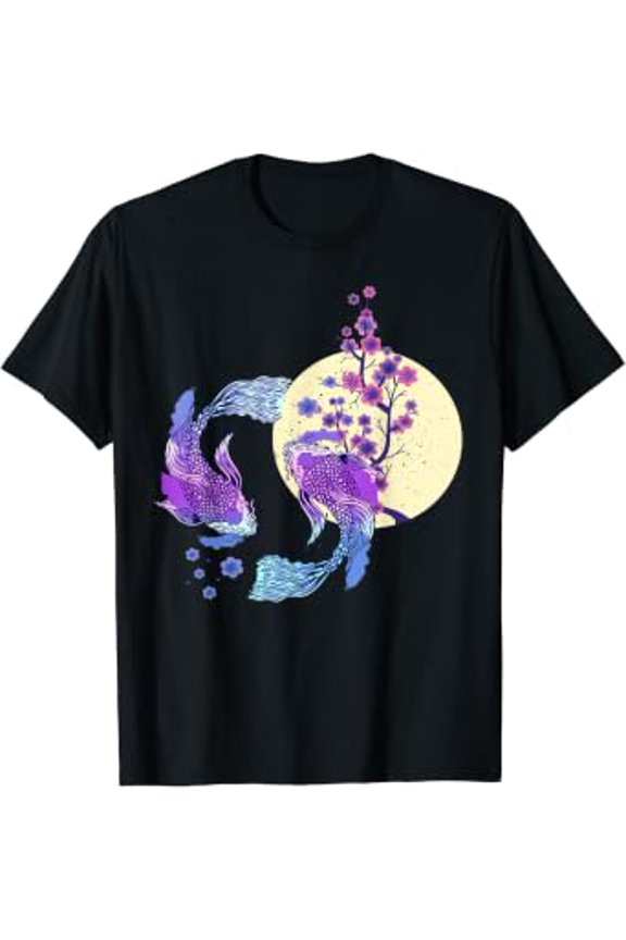 Koi Japanese Koi Carp Full Moon Yin Yang Cherry Blossom T-Shirt