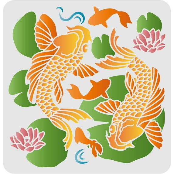 Koi in Lotus Pond Stencils 11.8x11.8inch Fancy Carps Drawing Painting Stencils Koi Leaping Lotus Leaf Wall Stencils Washable Mylar DIY Art Craft for Painting on Wood Floor and Tile