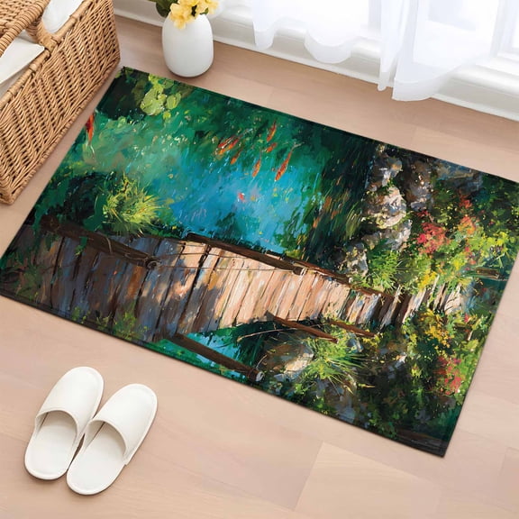 Koi Pond Entryway Rug 2'x3' Watercolor Wooden Bridge Pond Rustic Country Green Pond Small Area Rug Non-Slip Front Door Mat Washable Floor Carpet for Indoor Entrance Kitchen Bathroom