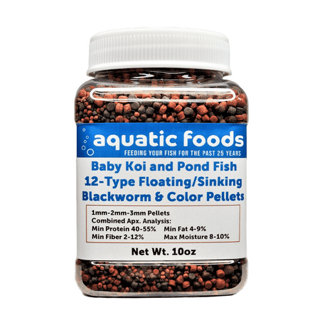 Koi & Pond Fish 12-Type Floating & Sinking 1mm, 2mm, 3mm Blackworm & Intense Coloring Pellets for Baby and Juvenile Koi…10oz Small Jar