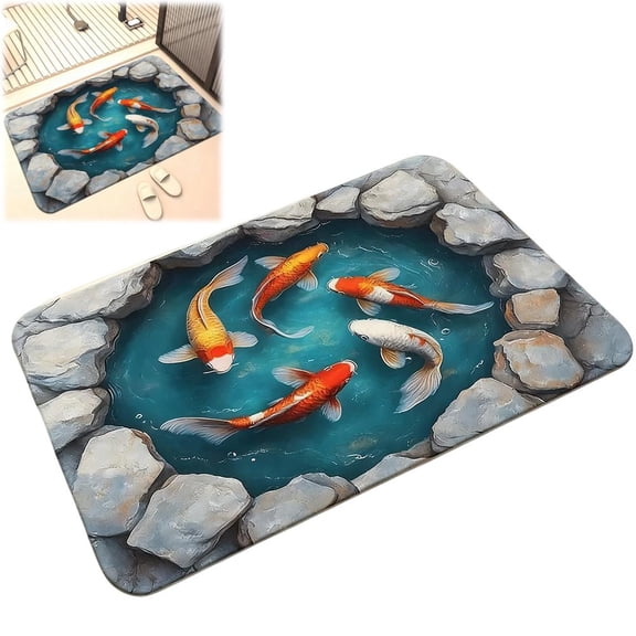 Koi Pond Floor Mat, 40 60cm Washable Outdoor Rugs Anti-Slip Soft Extra Thick Carpet, Rubber Quick Dry for Bathroom,Kitchen,Living Room