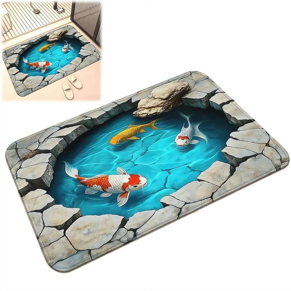 Koi Pond Non-Slip Floor Mat, 40 60cm Washable Outdoor Rugs Anti-Slip Soft Extra Thick Carpet, Rubber Non-Slip Quick Dry for Bathroom,Kitchen,Living Room