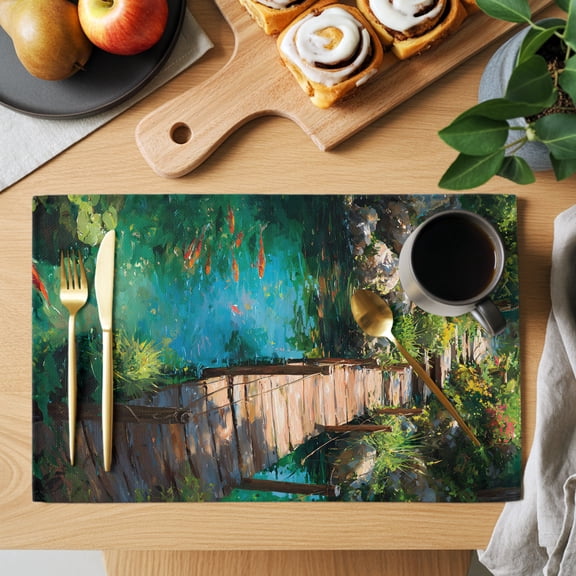 Koi Pond Placemats Set of 8, Watercolor Wooden Bridge Pond Rustic Country Green Pond Non-Slip Place Mats Washable Table Mats for Kitchen Dining Table Decorations Indoor/Outdoor