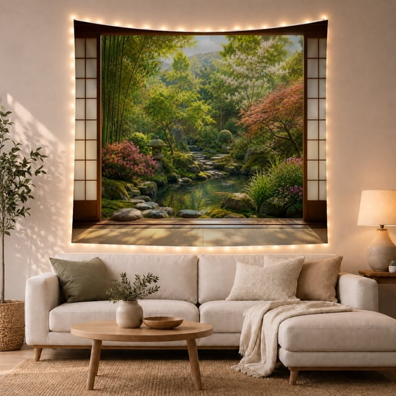 Koi Pond with Rocky Stream in a Lush Japanese Garden, Serene Japanese Inspired for Zen Lovers, Nature Wall Art Decor, Housewarming Gift Tapestry Wall Hanging for Bedroom and Living Room