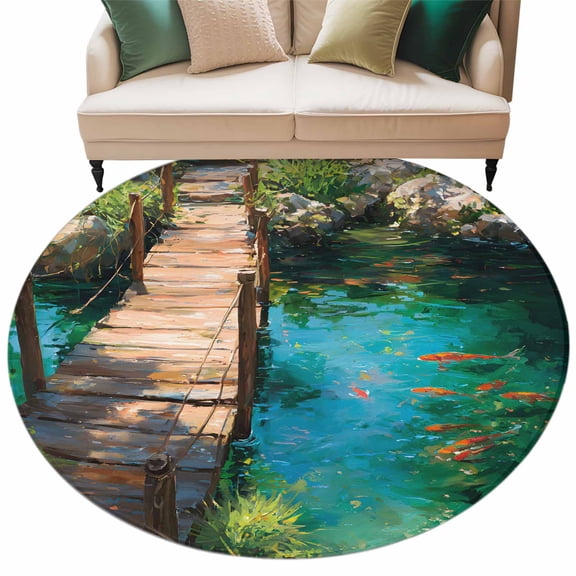 Koi Pond Round Living Room Rugs 5 ft, Watercolor Wooden Bridge Pond Rustic Country Green Pond Washable Area Rug with Non-Slip Sturdy Edge Binding Round Carpet for Entryway Kitchen Bedroom Bathroom