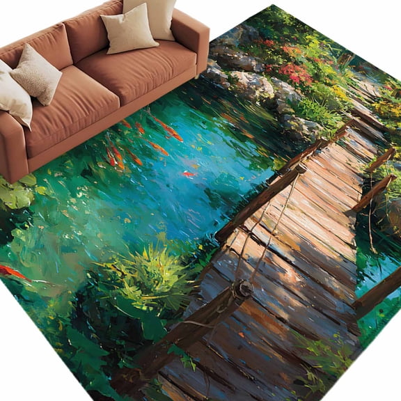 Koi Pond Washable Living Room Rugs 9'x12', Watercolor Wooden Bridge Pond Rustic Country Green Pond Low Pile Throw Large Area Rug Non-Slip Sturdy Edge Binding Carpet for Bedroom Dining Room Office