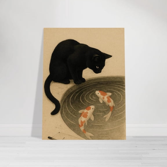 Koi Pond Watcher Wall Art Japanese Zen Cat Poster, Unframed Paper Poster 8x10in