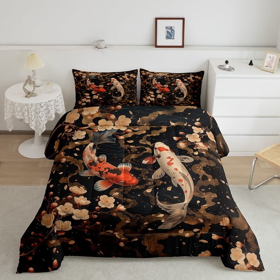 Koi Print Bedding 3 Piece King Size Cherry Blossoms Decor Comforter Set, Rustic Farmhouse Floral Bedding Comforter Sets Japanese Style Duvet Insert Teens Cute Koi Decor Quilt