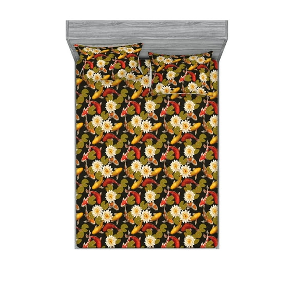 Koi Print Fitted Sheet & Pillow Sham Set, Calm Concept Asian Themed Lake Pattern of Fish and Lotus Flowers, Decorative Printed 3 Piece Bedding Decor, King, Orange Fawn and Dark Grey, by Ambesonne