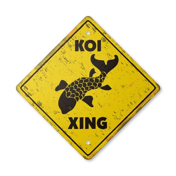 Koi Vintage Crossing Sign Zone Xing | Indoor/Outdoor Plastic | 17" Tall rustic japanese gold fish pond food supplies feed
