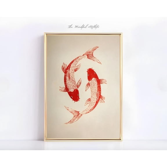Koi Vintage Red Fish Linocut Retro Maximalist Kitchen Print, Unframed Paper Print Size 8x12