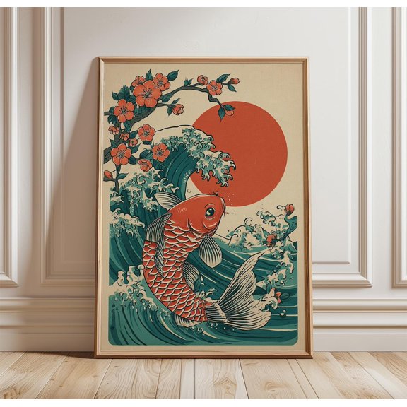 Koi Wave Poster Japanese Sun Floral Art Fish Ocean Illustration Print Design