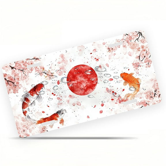 Koi and Cherry Blossom Scene Funny Personalized License Plate Rust-proof Stainless Steel Metal License Plate Suitable For Men And Women 12.2" x 6.2"