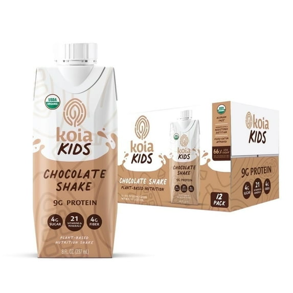 Koia Kids Plant-Based Protein Nutrition Shake, Chocolate, 9g Protein, 4g Low Sugar, 12 Count