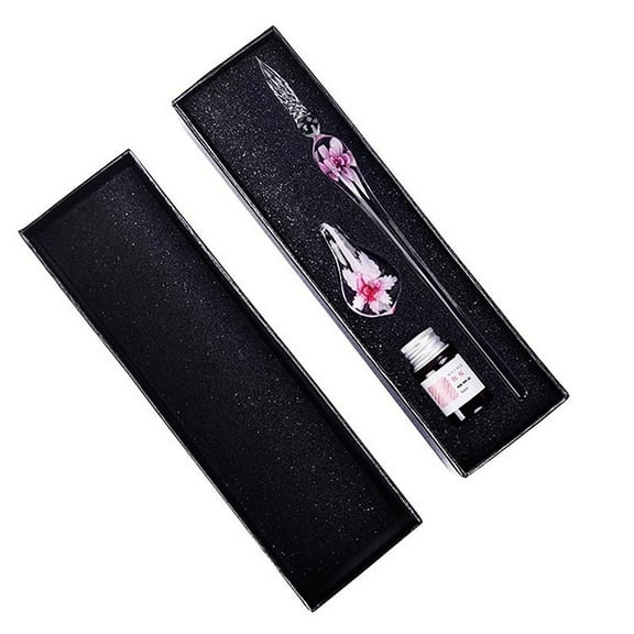 Koiauber 1 Set Transparent Dip Pen with Inside Flower Glass Writing Pen Faux Crystal Ink Dip Pen Gift for Student