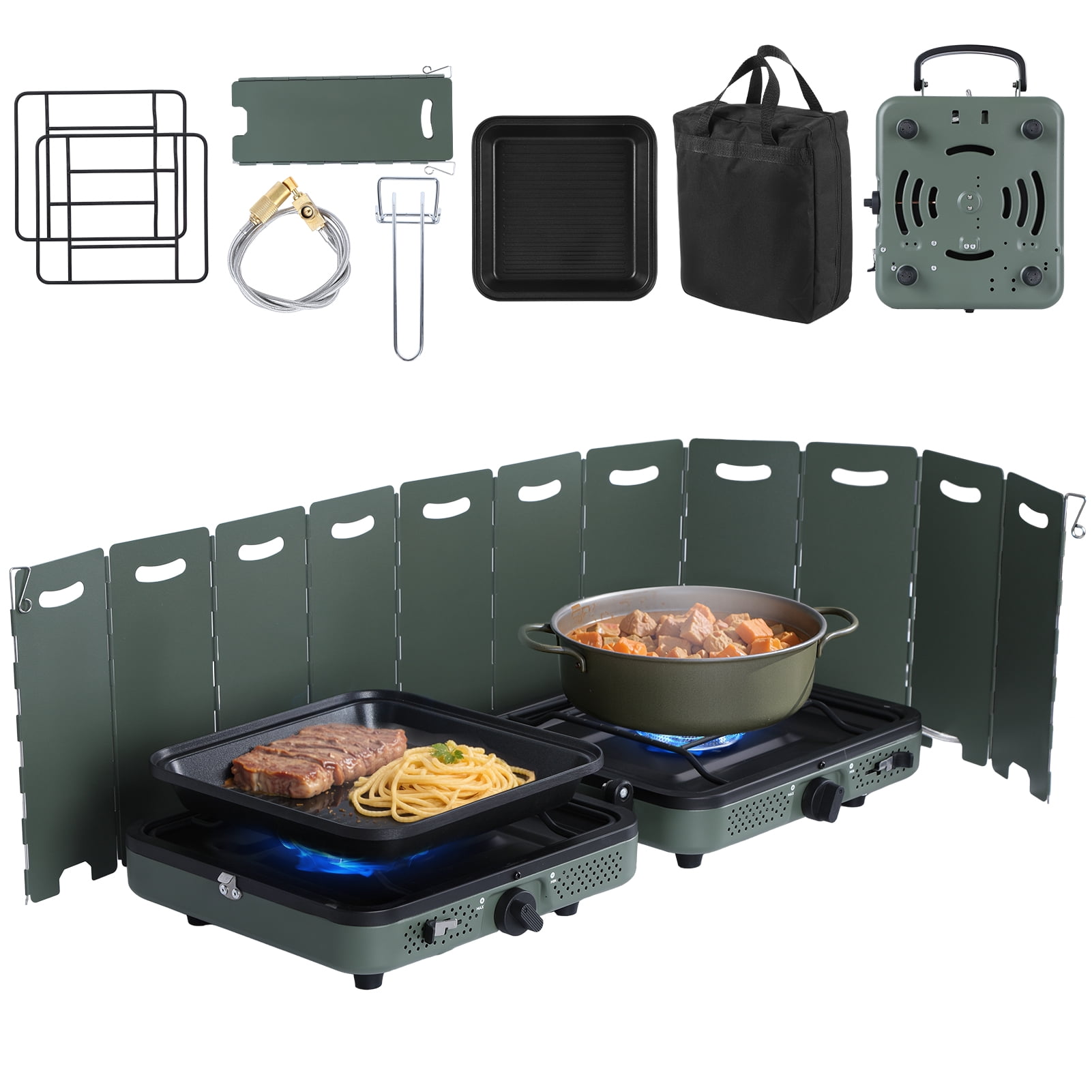 Koiauber 2 Burner Camping Stove with Windshield,20000 BTU Propane Stove,Portable Folding Gas Stove with Frying Pan,Carrying Bag for Camping,Backyard BBQ,Tailgating