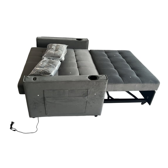 Koiauber 3-In-1 Convertible Sofa Bed,Velvet Loveseat Sleeper with Put Out Bed and Adjustable Backrest,Sofa Bed Couch with Cup Holders,Side Pockets,USB Ports and 2 Pillows