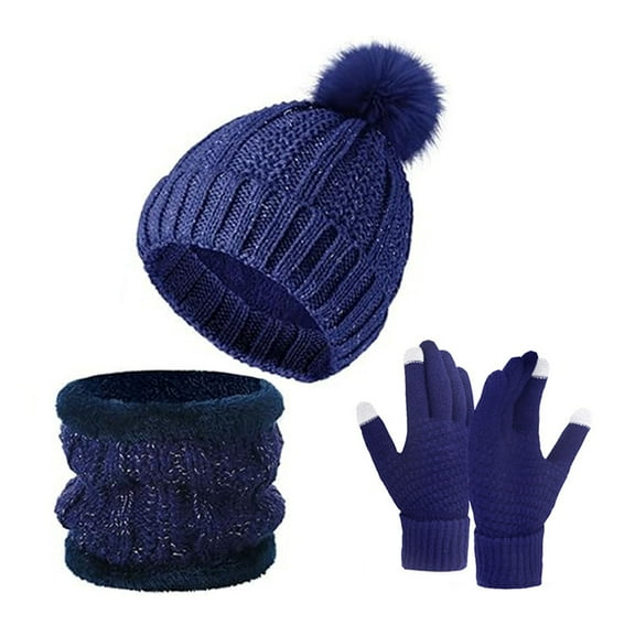 Koiauber 3Pcs/Set Knitted Scarf Gloves Set Pom Pom Ball Fleece Lining Brimless Hat Touchscreen Gloves Neck Warmer Set