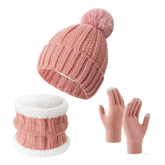 Koiauber 3Pcs/Set Knitted Scarf Gloves Set Pom Pom Ball Fleece Lining Brimless Hat Touchscreen Gloves Neck Warmer Set