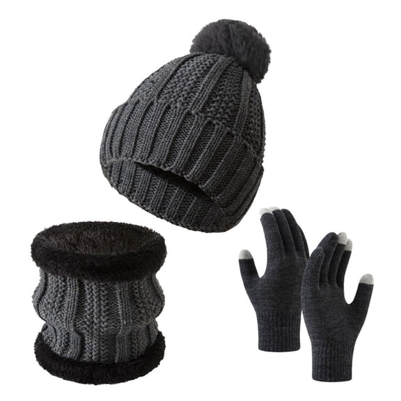 Koiauber 3Pcs/Set Knitted Scarf Gloves Set Pom Pom Ball Fleece Lining Brimless Hat Touchscreen Gloves Neck Warmer Set