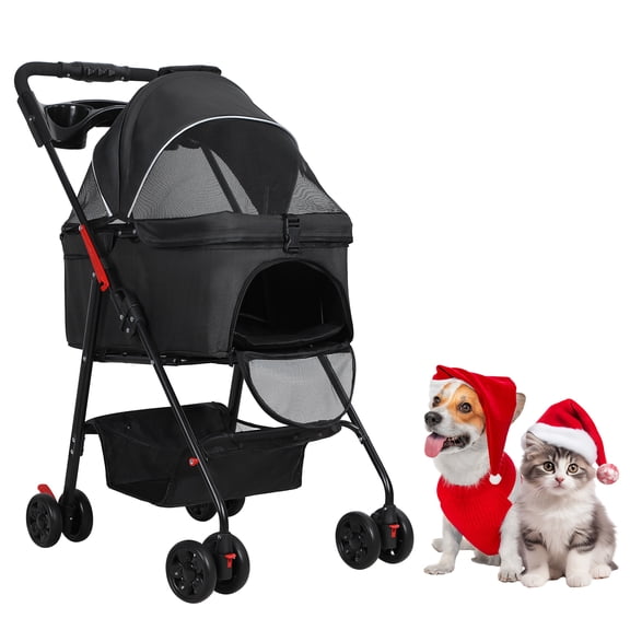 Koiauber 4 Wheel Dog and Cat Stroller with Removable Carrier,Breathable Mesh Canopy,Storage Basket and Cup Holder,Pet Carrying Cart Holds Up to 17.6lbs for Walks Outings Shopping