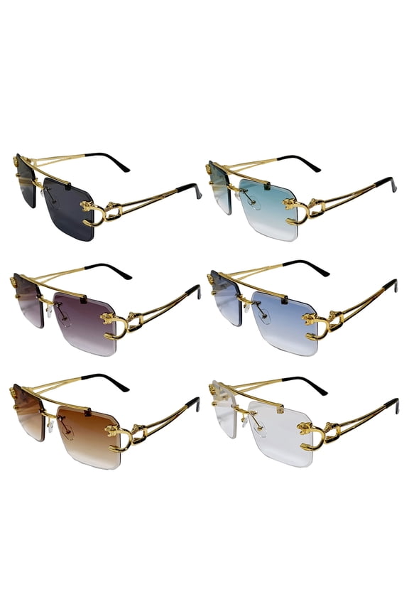 6 Pairs Unisex Sunglasses Rectangle Shape Frame Tiger Head Decor No Rim Smooth Anti-UV Block Sunlight Vacation Beach Spectacles Outdoor Eyewear